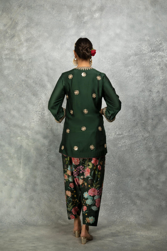 Green Mirror Embroidered Angrakha with Printed Pants & Dupatta Set of 3