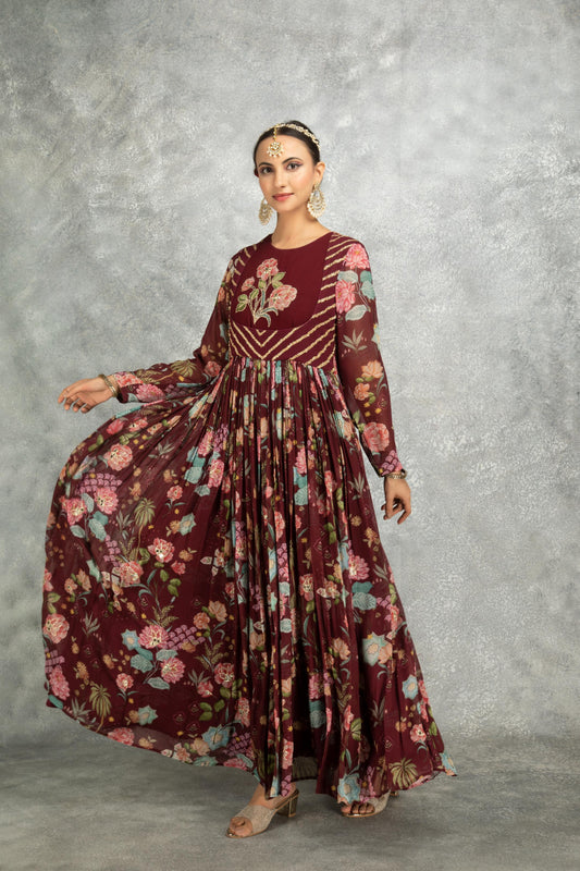 Wine Mirror Work Anarkali with Scalloping Dupatta Set of 3