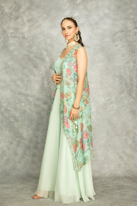 Turquoise Mirror Embroidered Cape w/Skirt and Crop Top Bustier