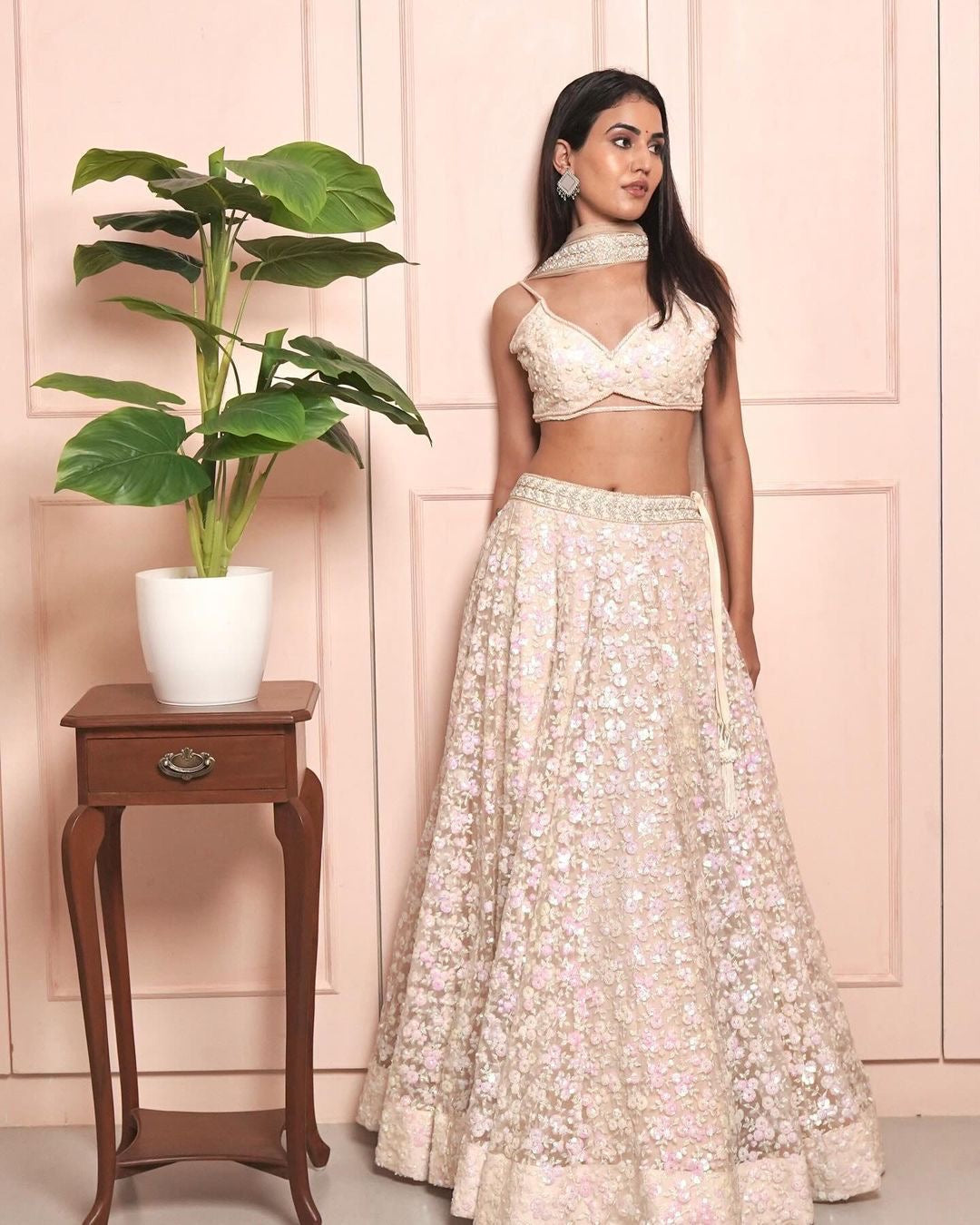Beige Sequin work lehenga set