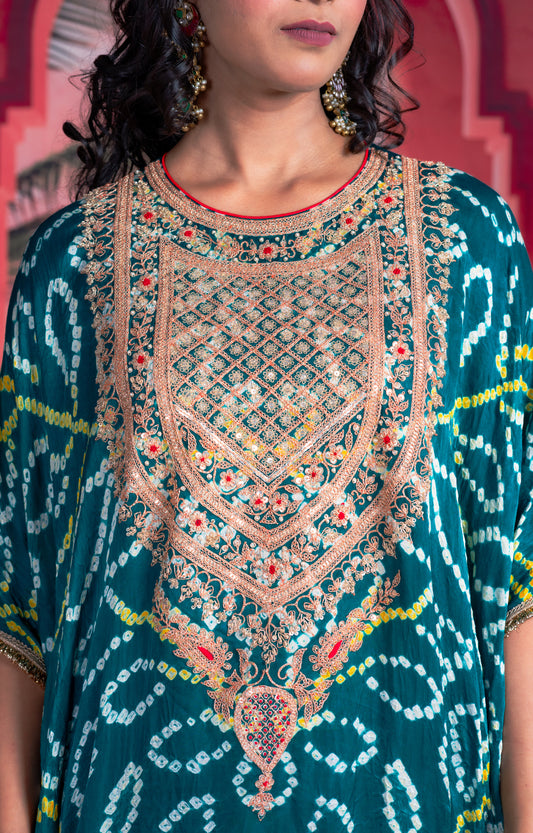 Teal Bandhani Kaftan
