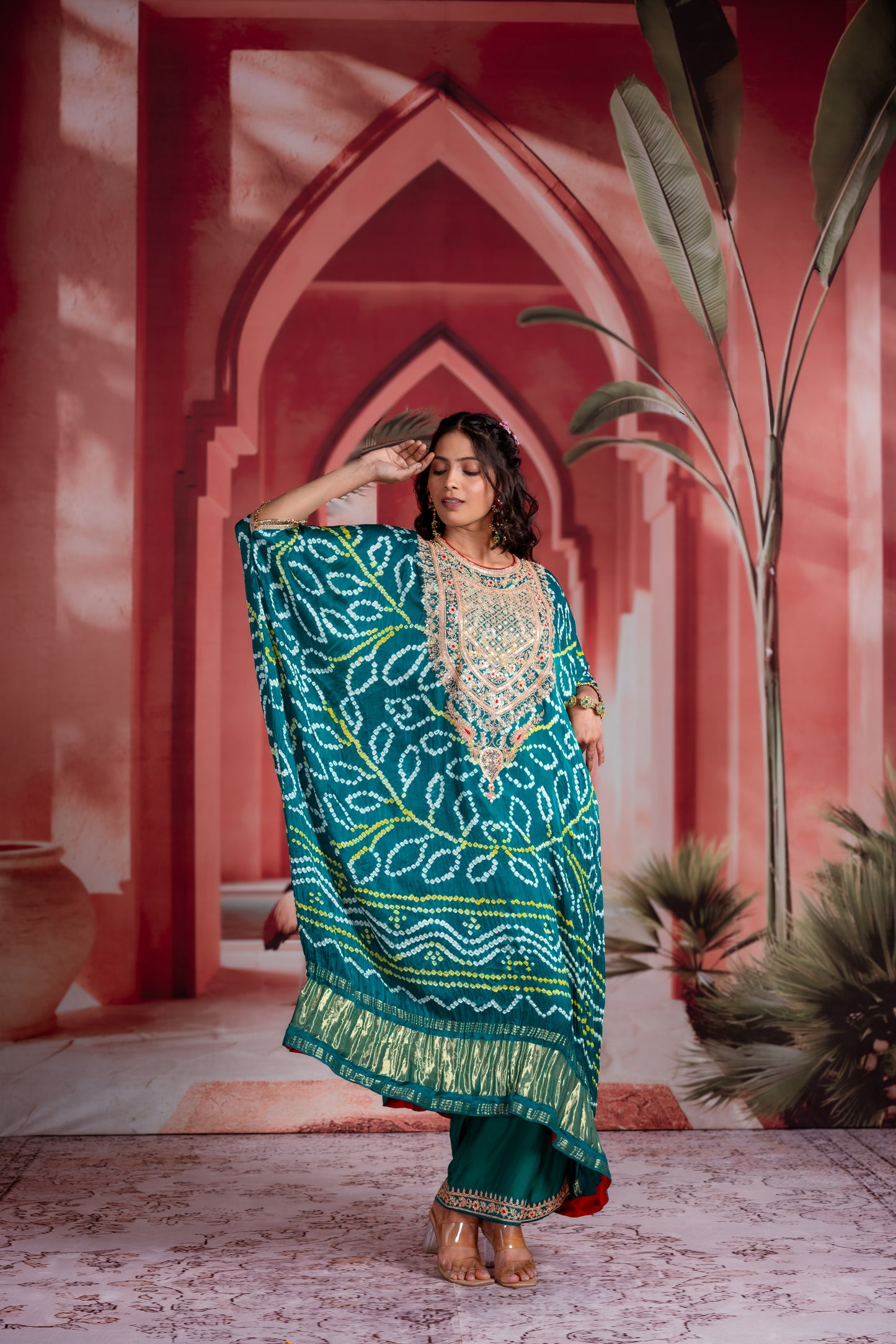 Teal Bandhani Kaftan