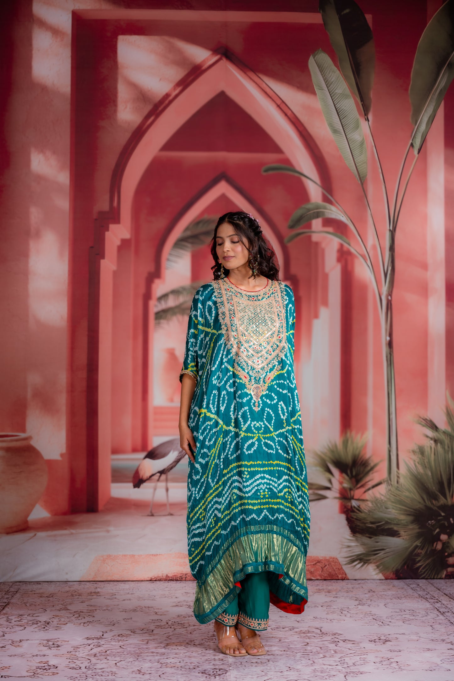 Teal Bandhani Kaftan