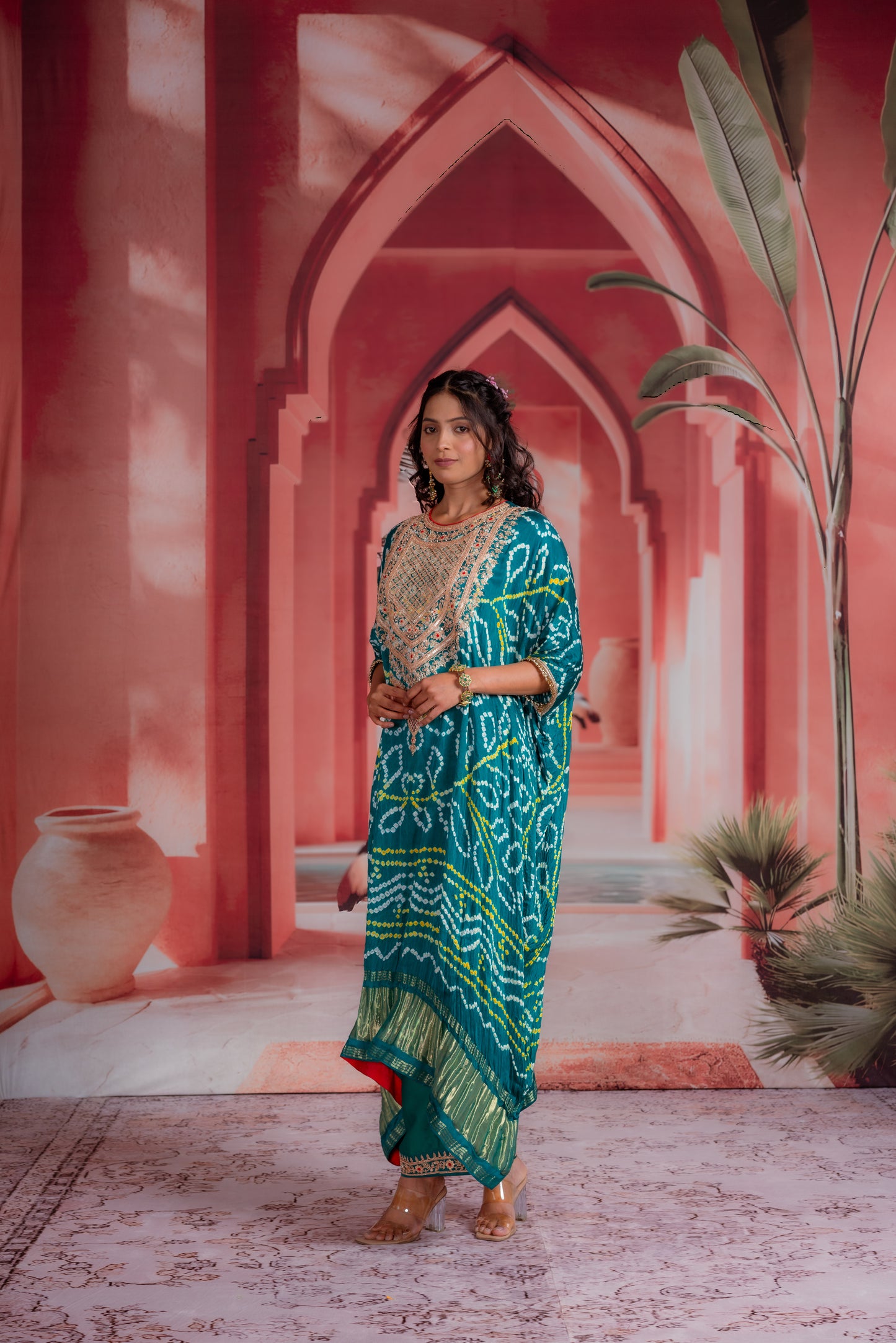 Teal Bandhani Kaftan