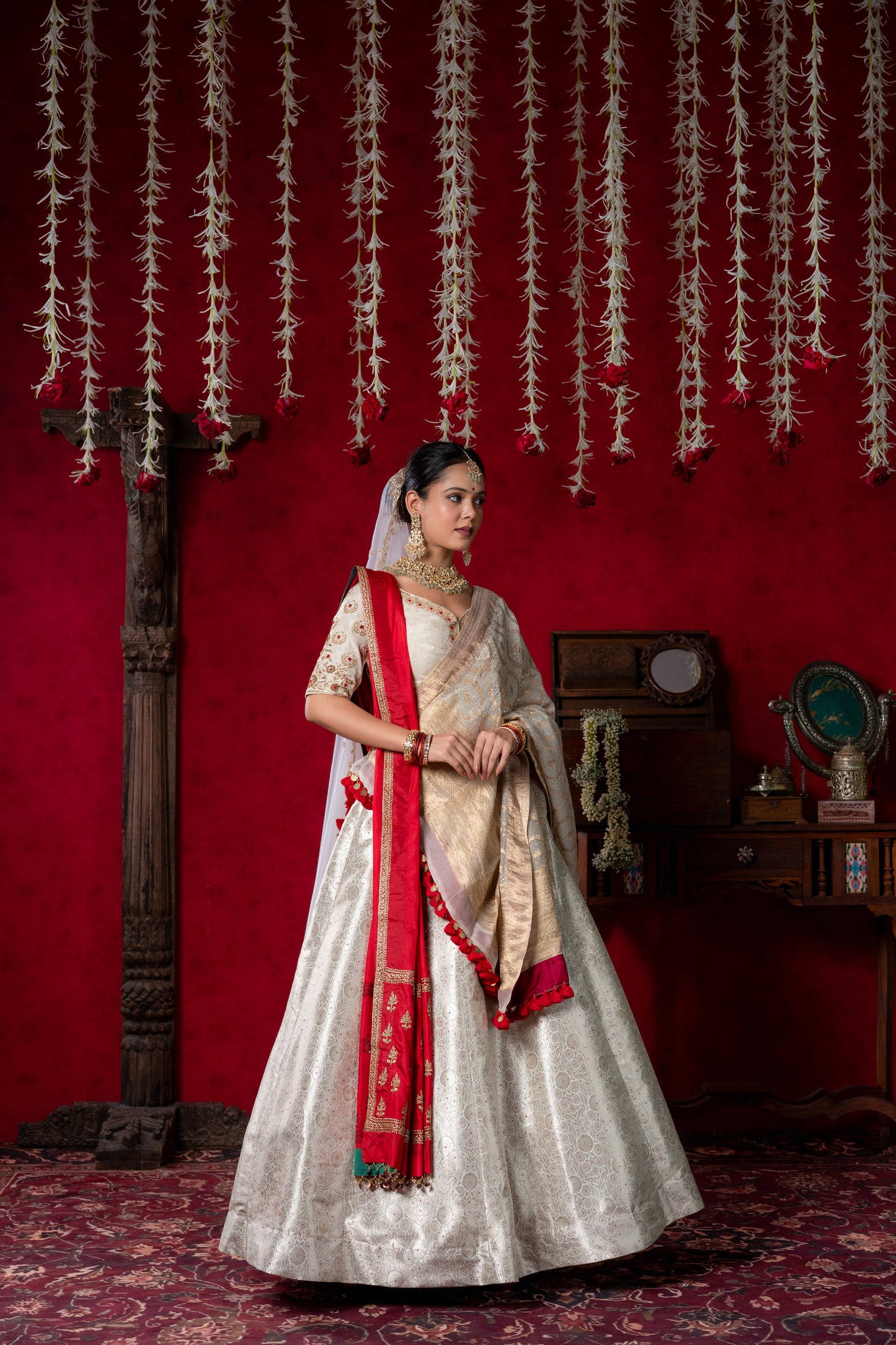 Ivory & Red Bridal Lehenga