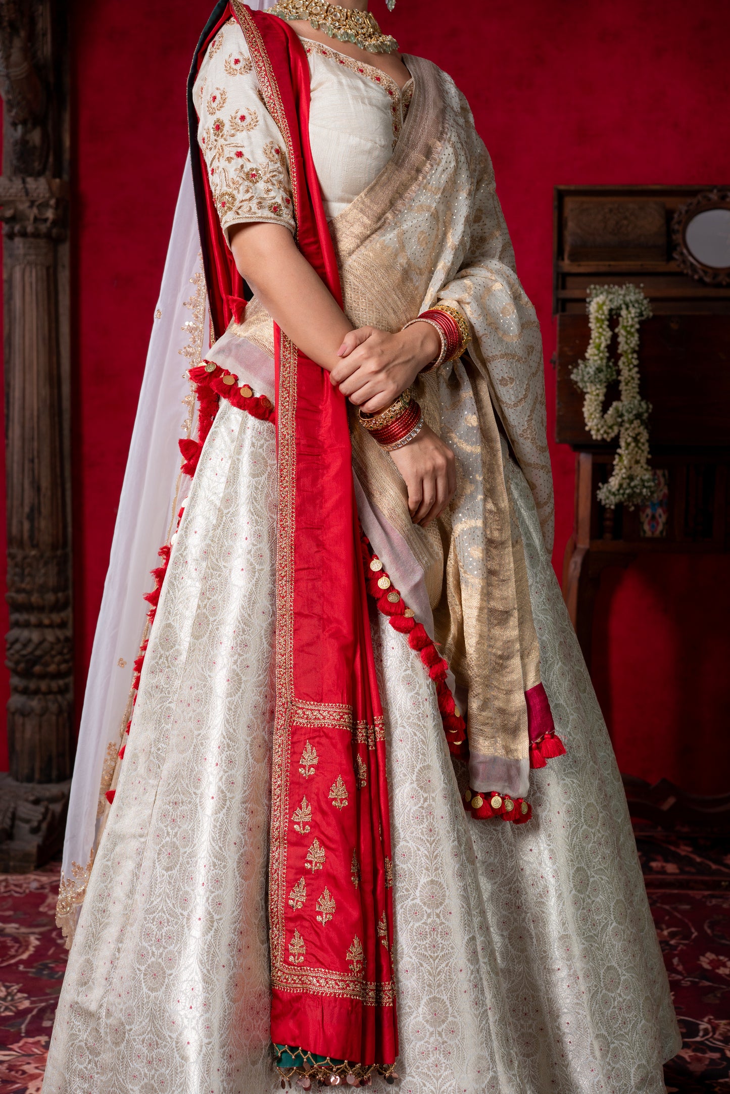Ivory & Red Bridal Lehenga