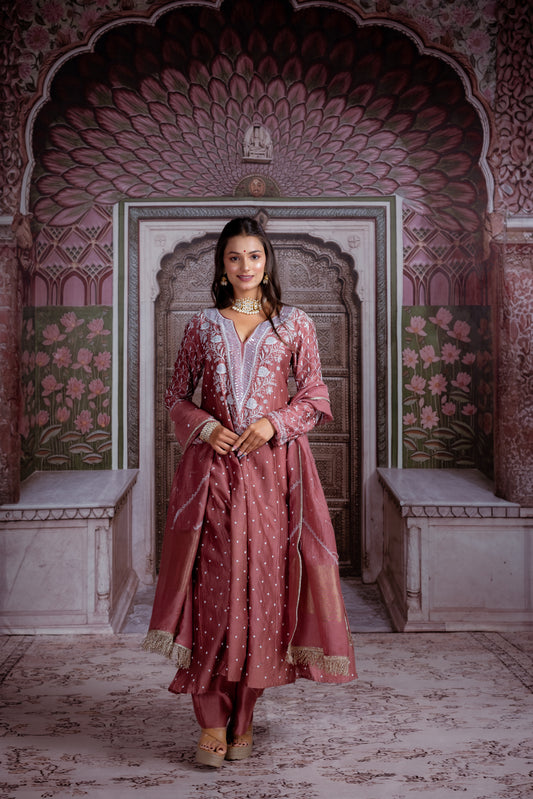 Rust Embroidered Anarkali