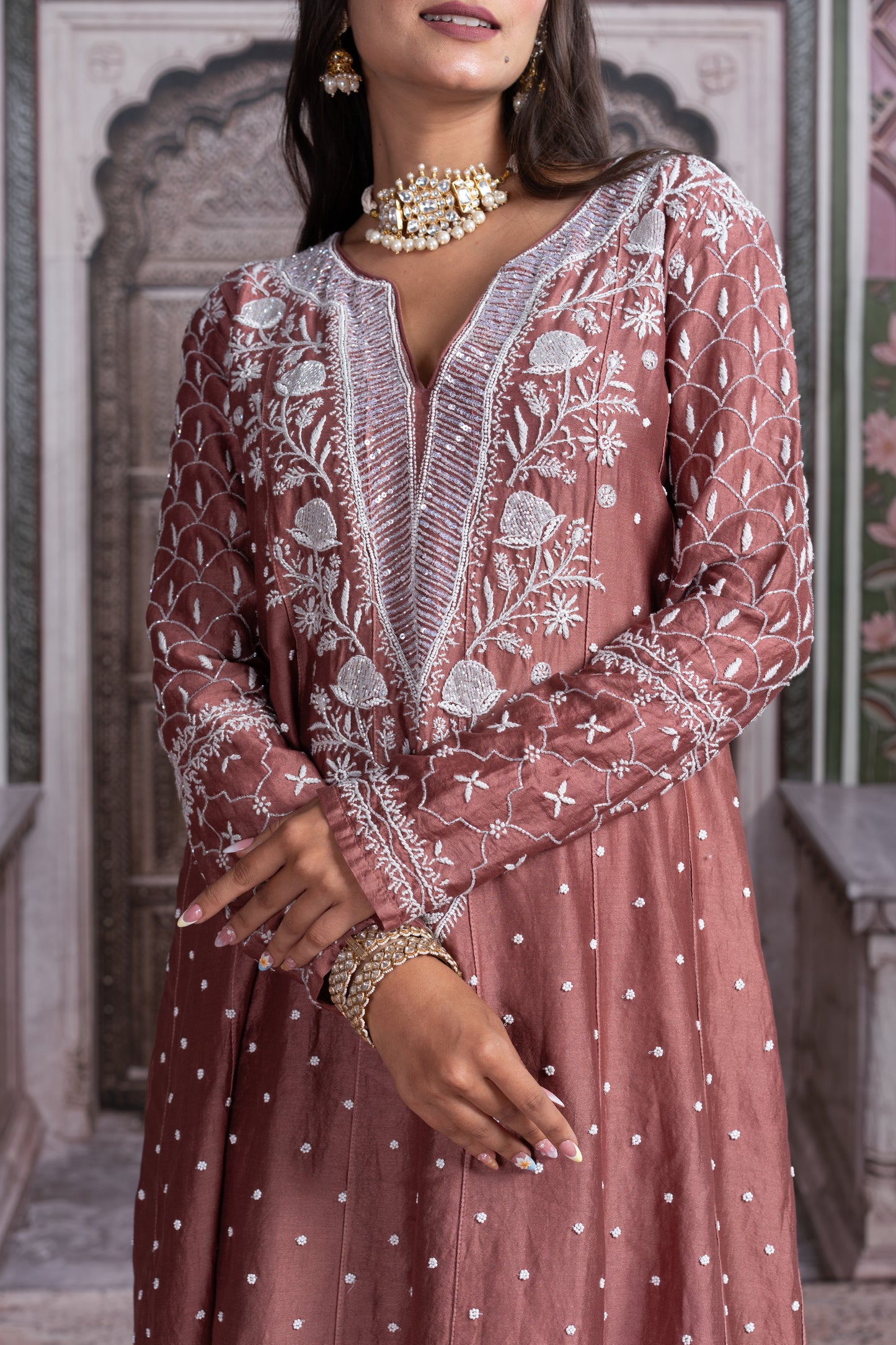Rust Embroidered Anarkali