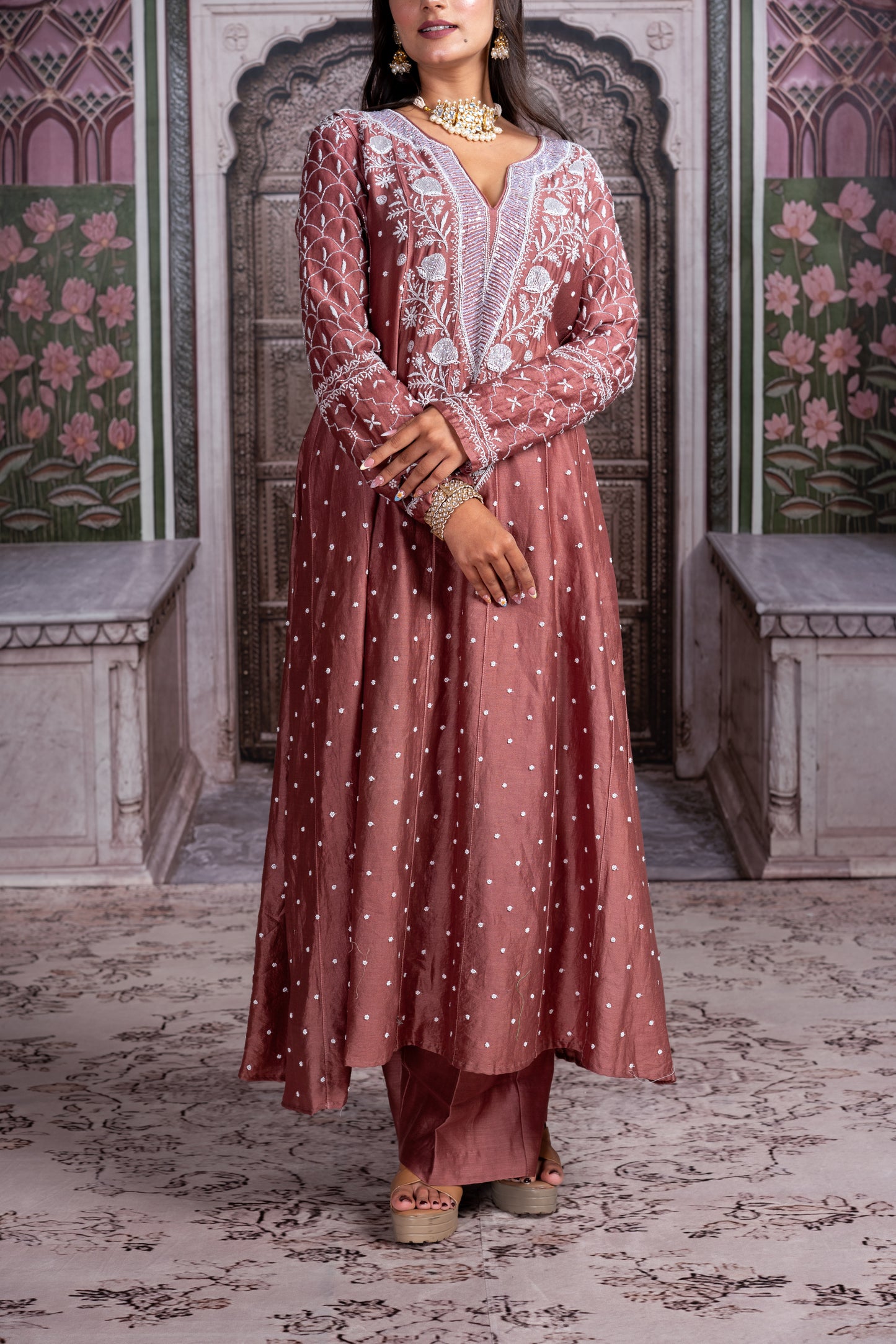 Rust Embroidered Anarkali