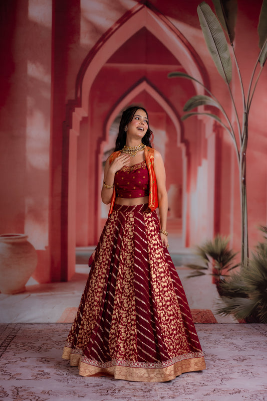 Maroon & Gold Banarasi Lehenga
