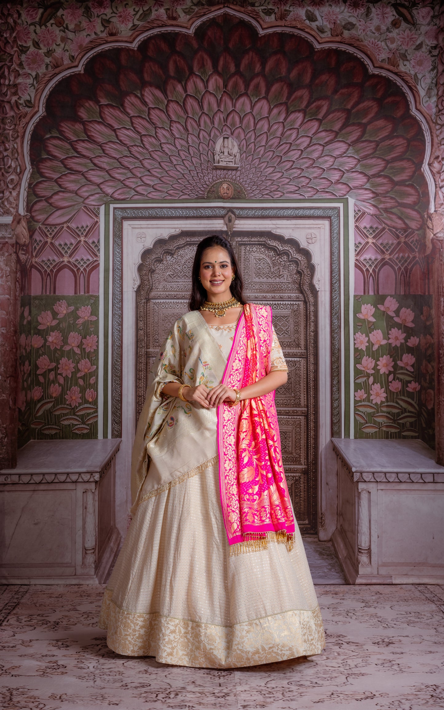 Ivory & Fuchsia Banarasi Lehenga