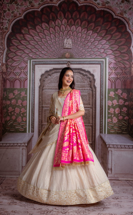 Ivory & Fuchsia Banarasi Lehenga