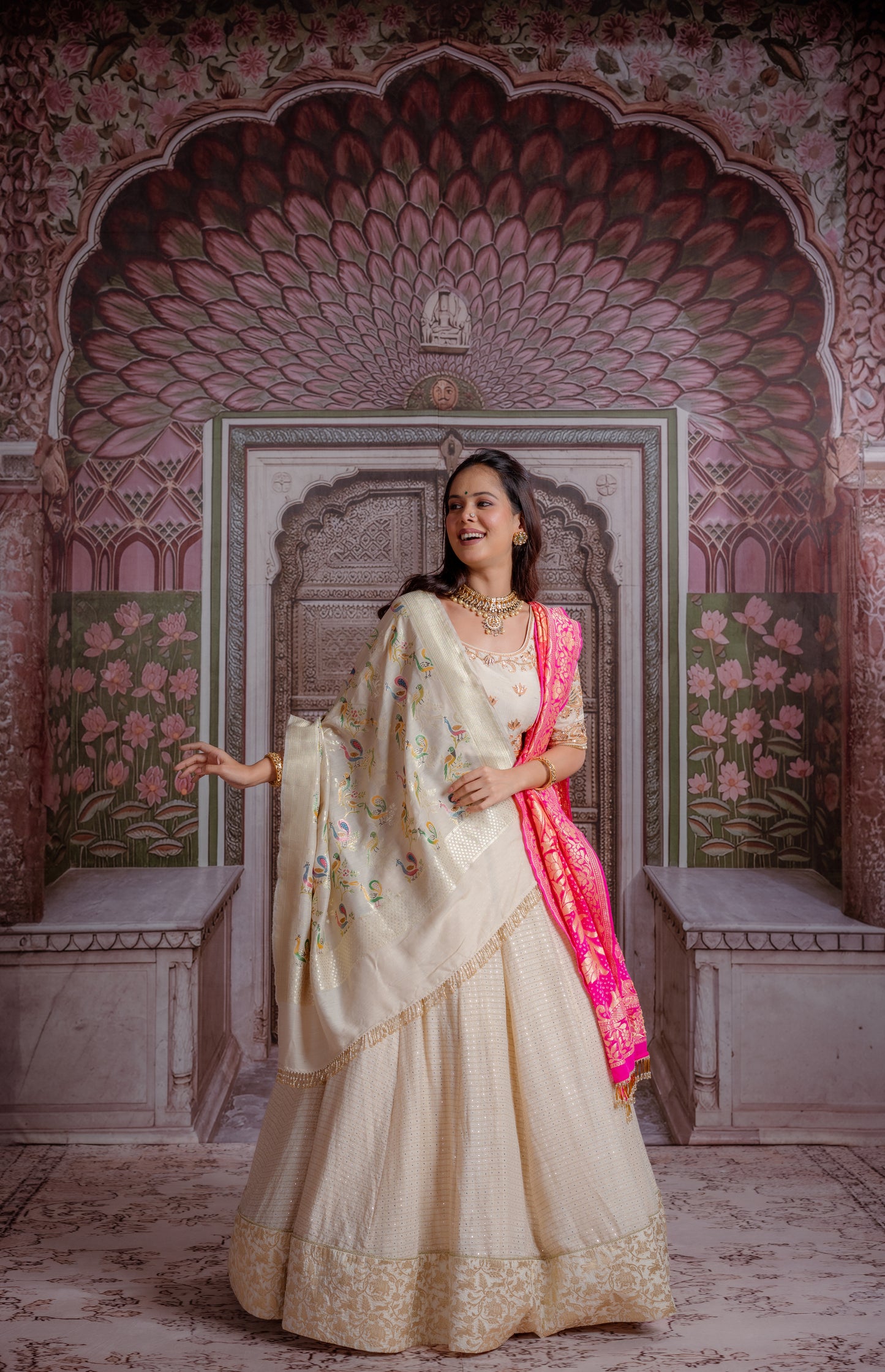 Ivory & Fuchsia Banarasi Lehenga