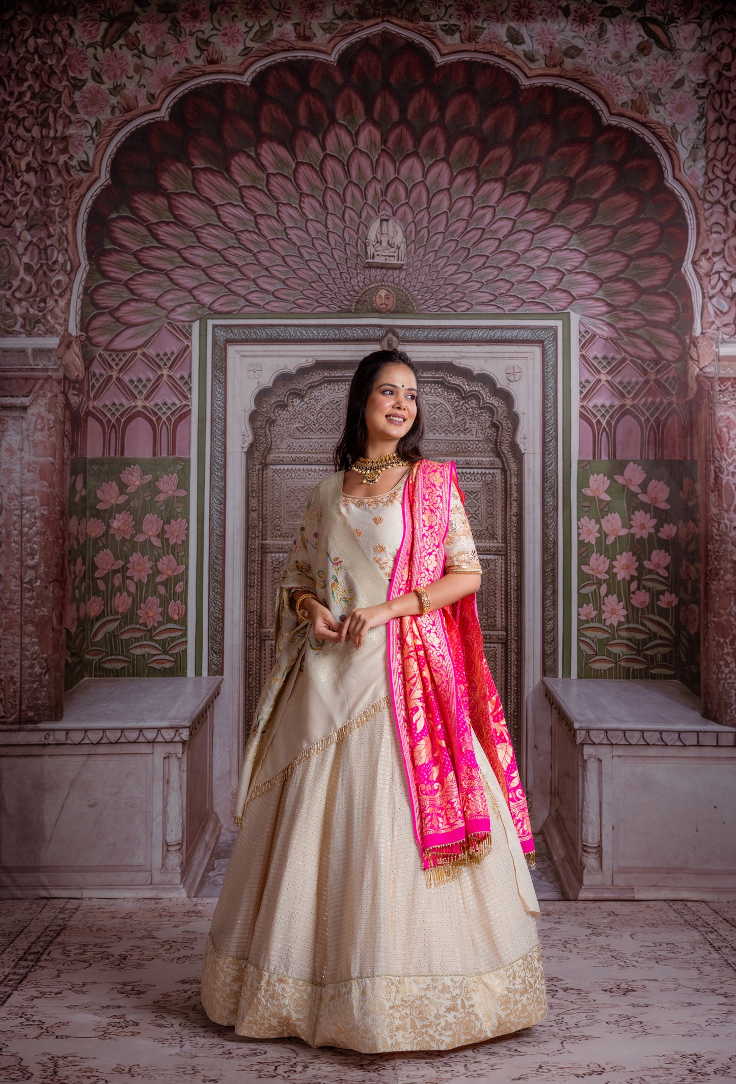 Ivory & Fuchsia Banarasi Lehenga