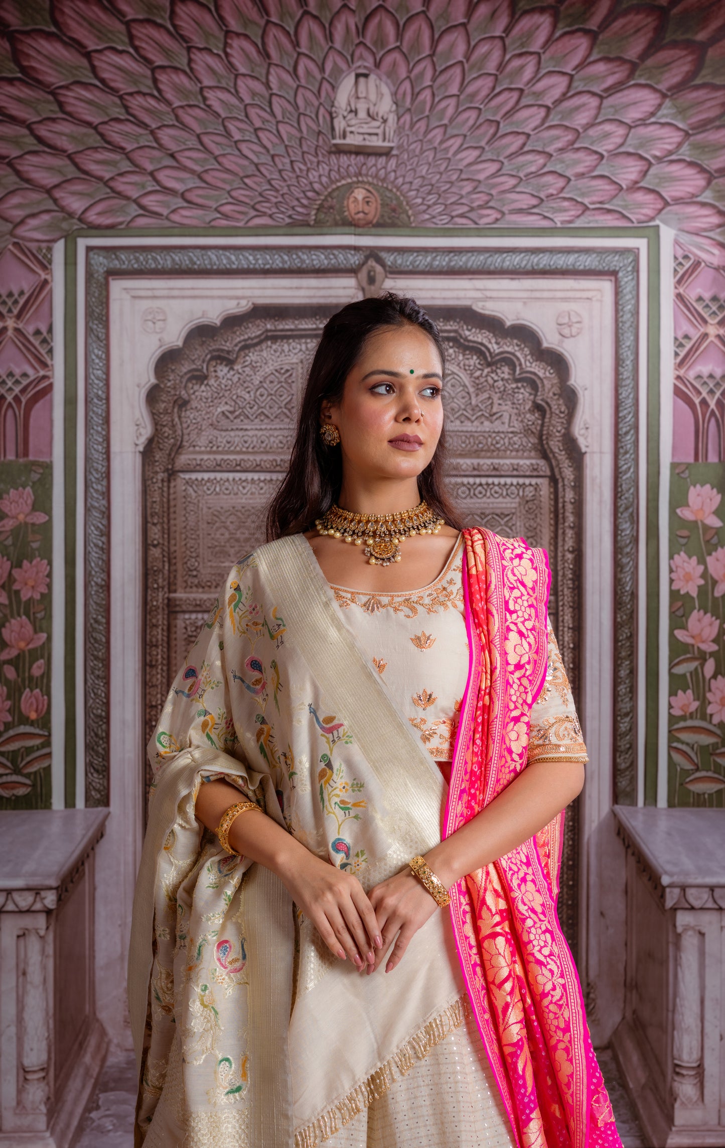 Ivory & Fuchsia Banarasi Lehenga