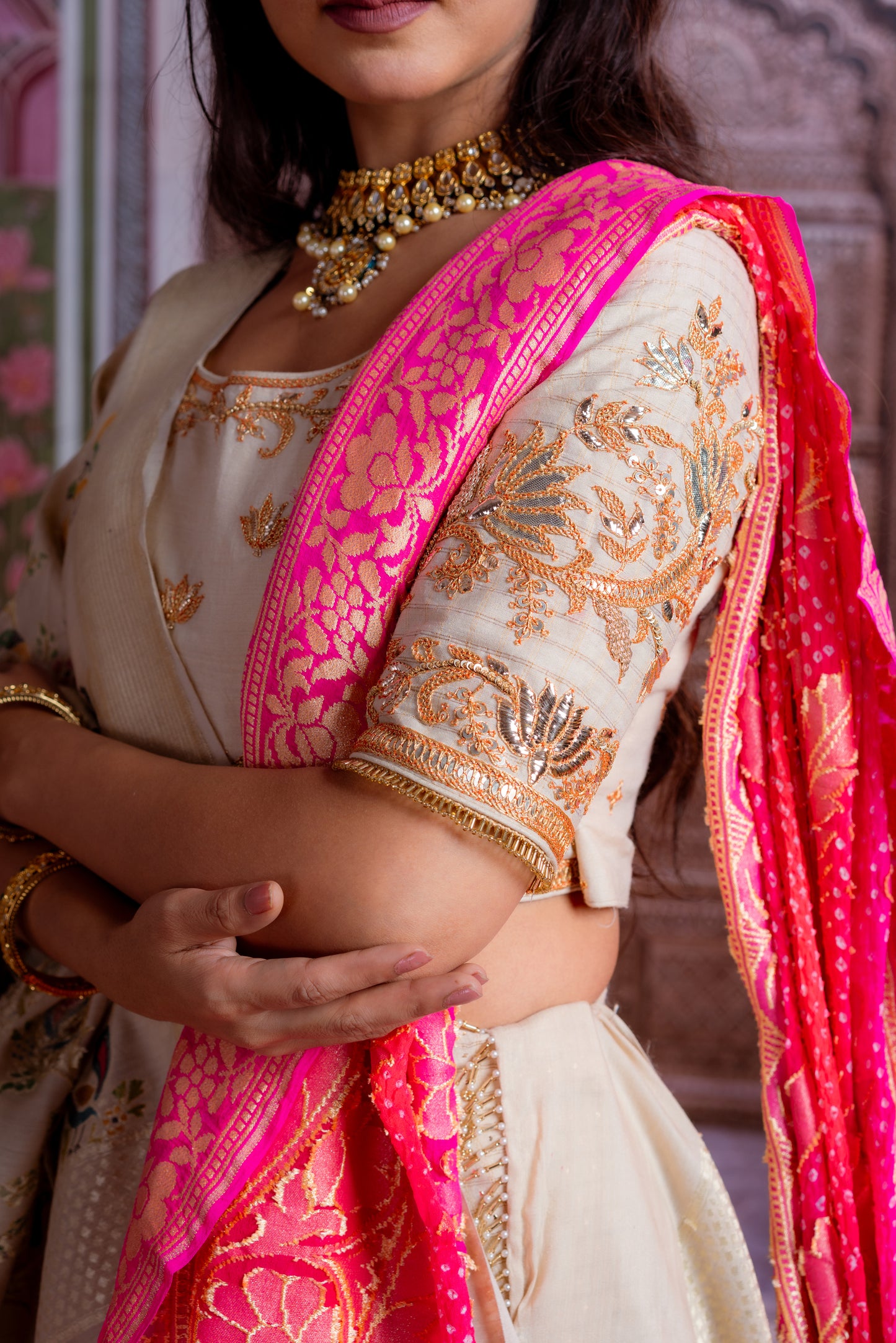 Ivory & Fuchsia Banarasi Lehenga