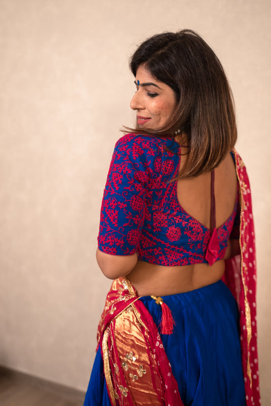 Royal Blue Lehenga with Pink Gajji Silk Dupatta