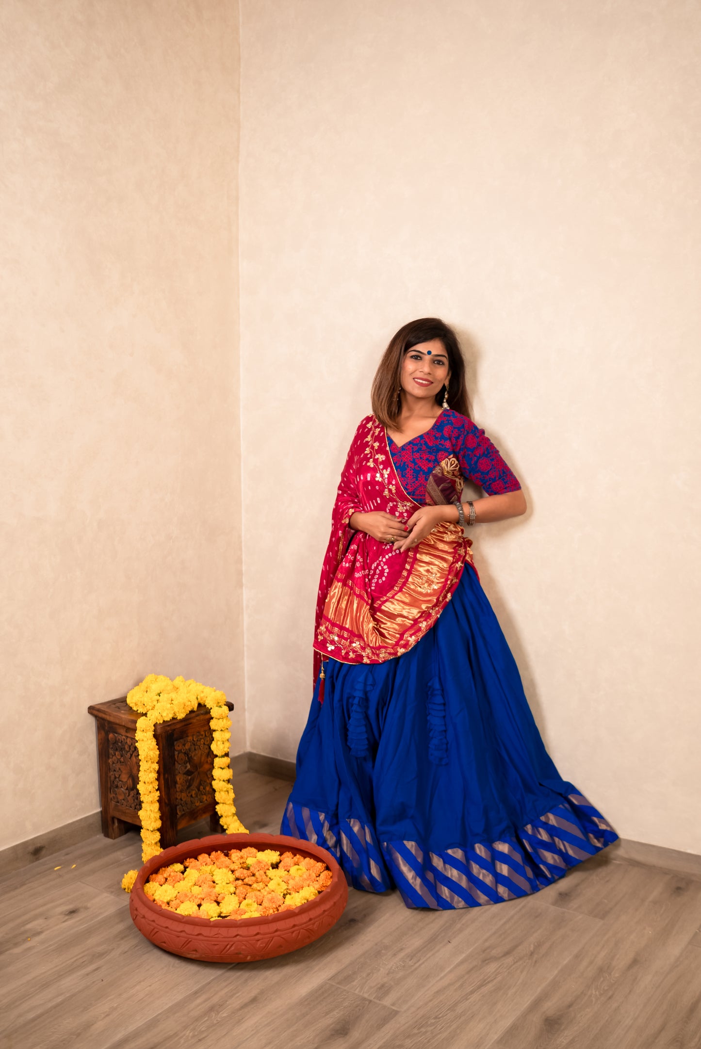 Royal Blue Lehenga with Pink Gajji Silk Dupatta