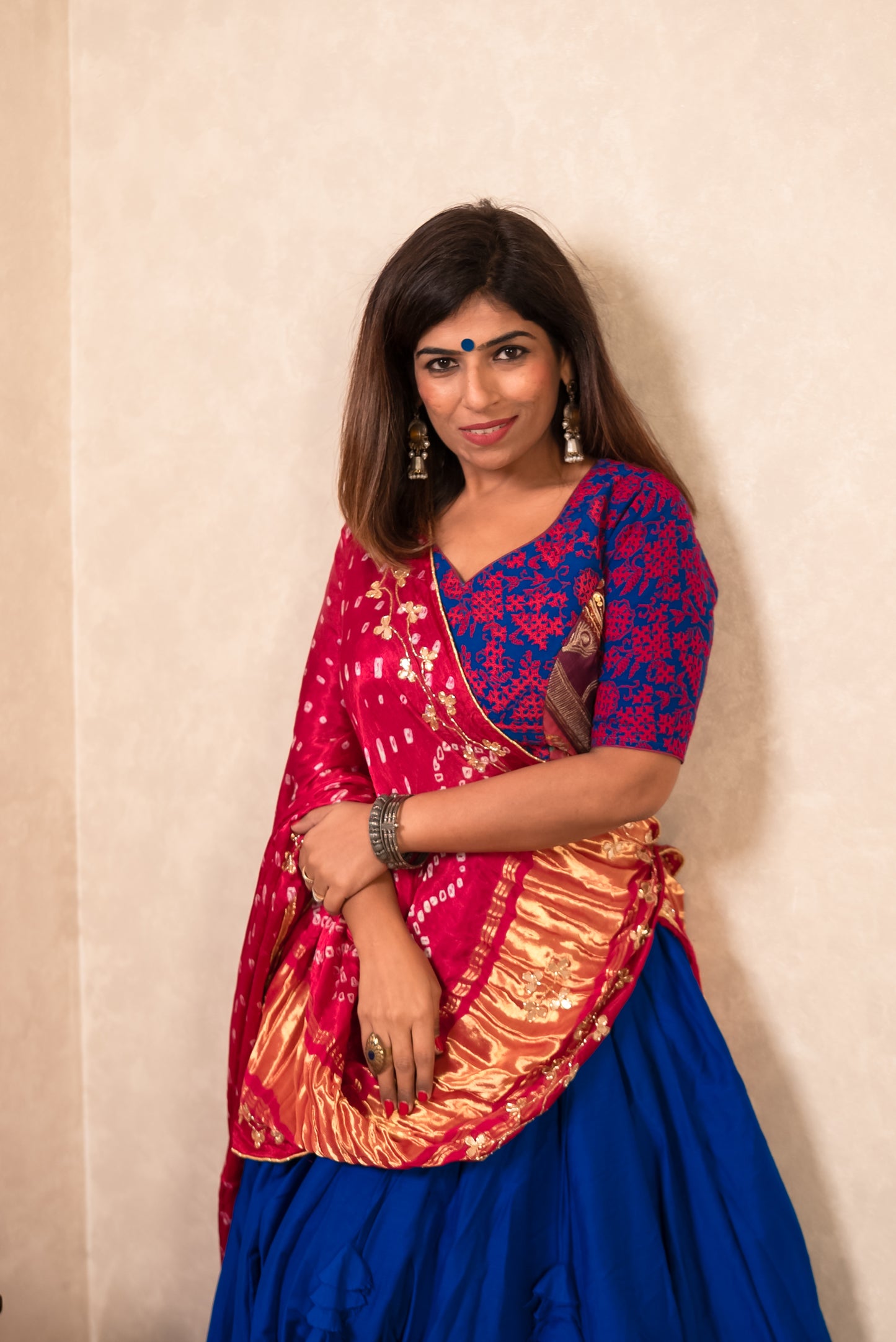 Royal Blue Lehenga with Pink Gajji Silk Dupatta