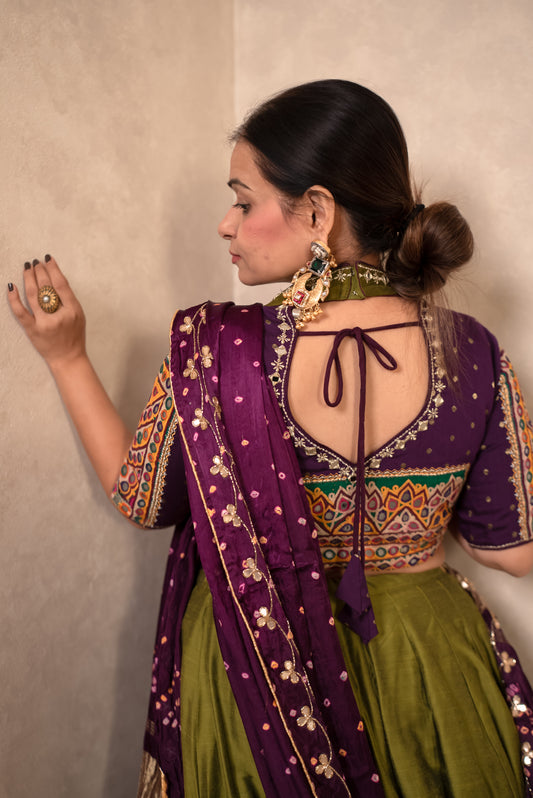 Olive Green Chaniya Choli with Purple Mirror-Work Blouse & Dupatta
