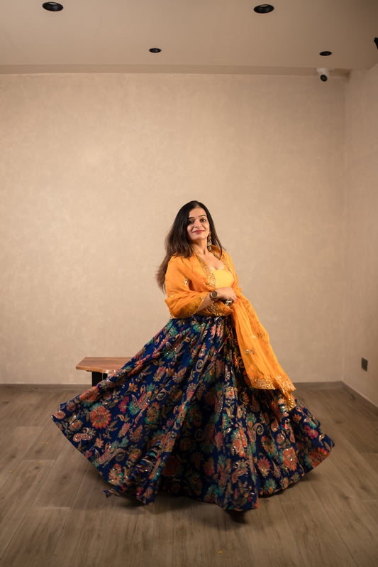 Royal Blue Chaniya Choli with Mustard Dupatta