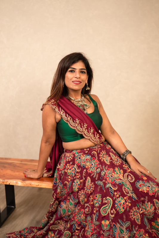 Maroon Embroidered Chaniya Choli with Green Blouse