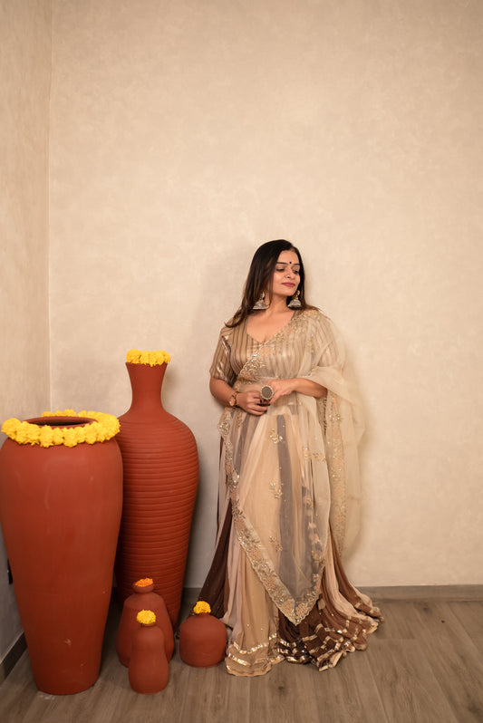 Golden Striped Chaniya Choli with Sheer Dupatta