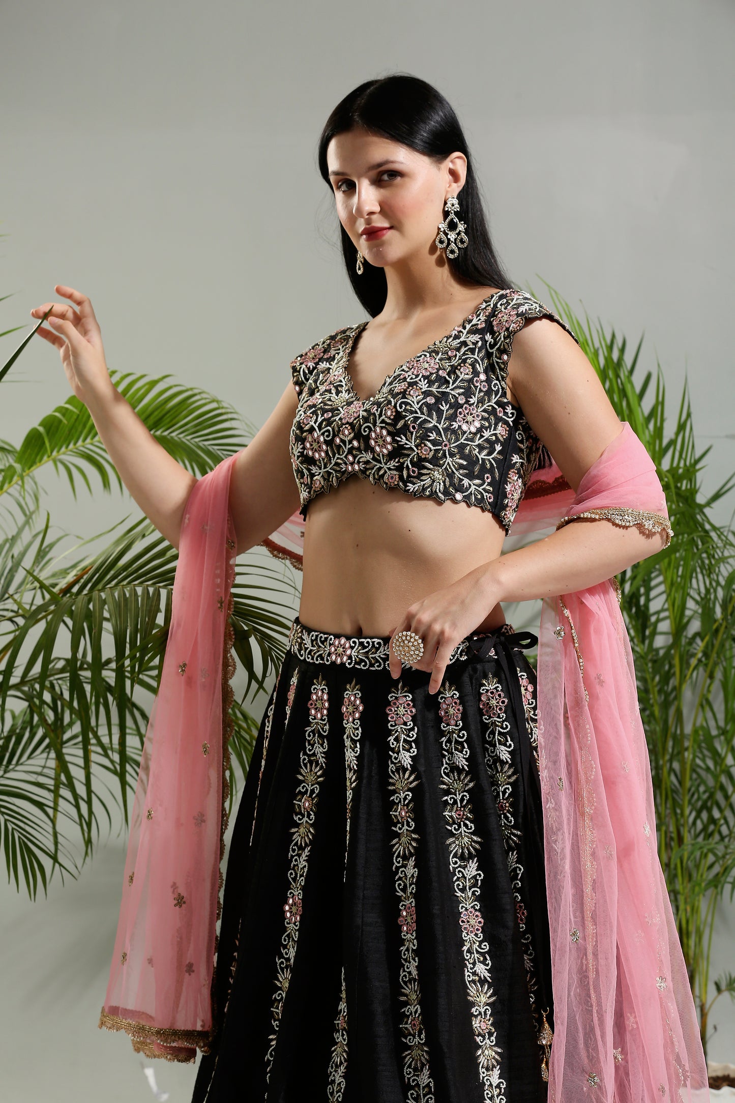 Black and Pink Thread and Mirror hand embroidered Lehenga set