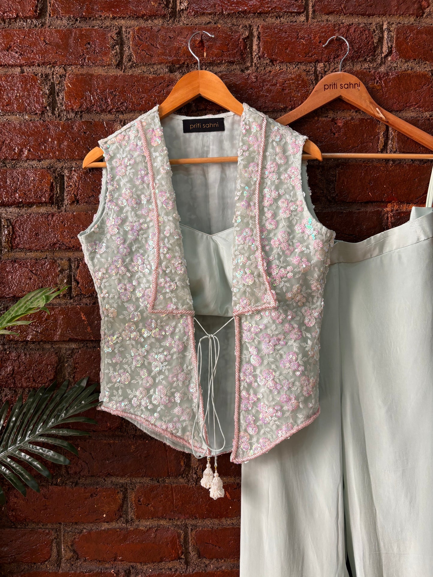 Mint sequin work jacket and pant set