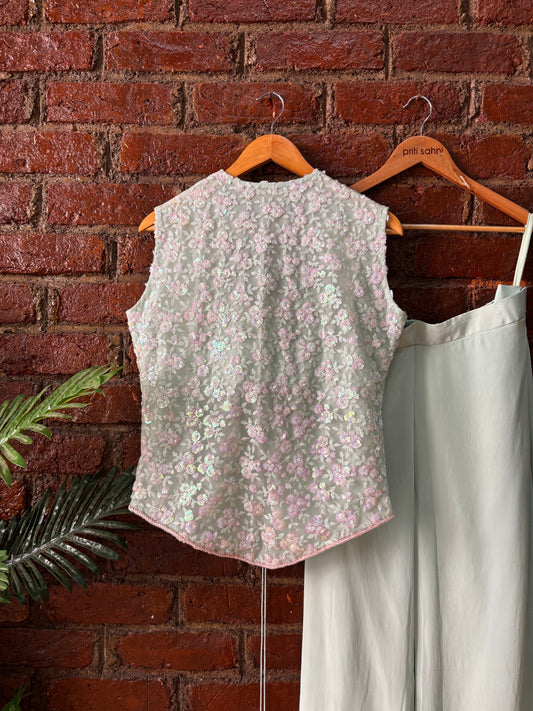 Mint sequin work jacket and pant set