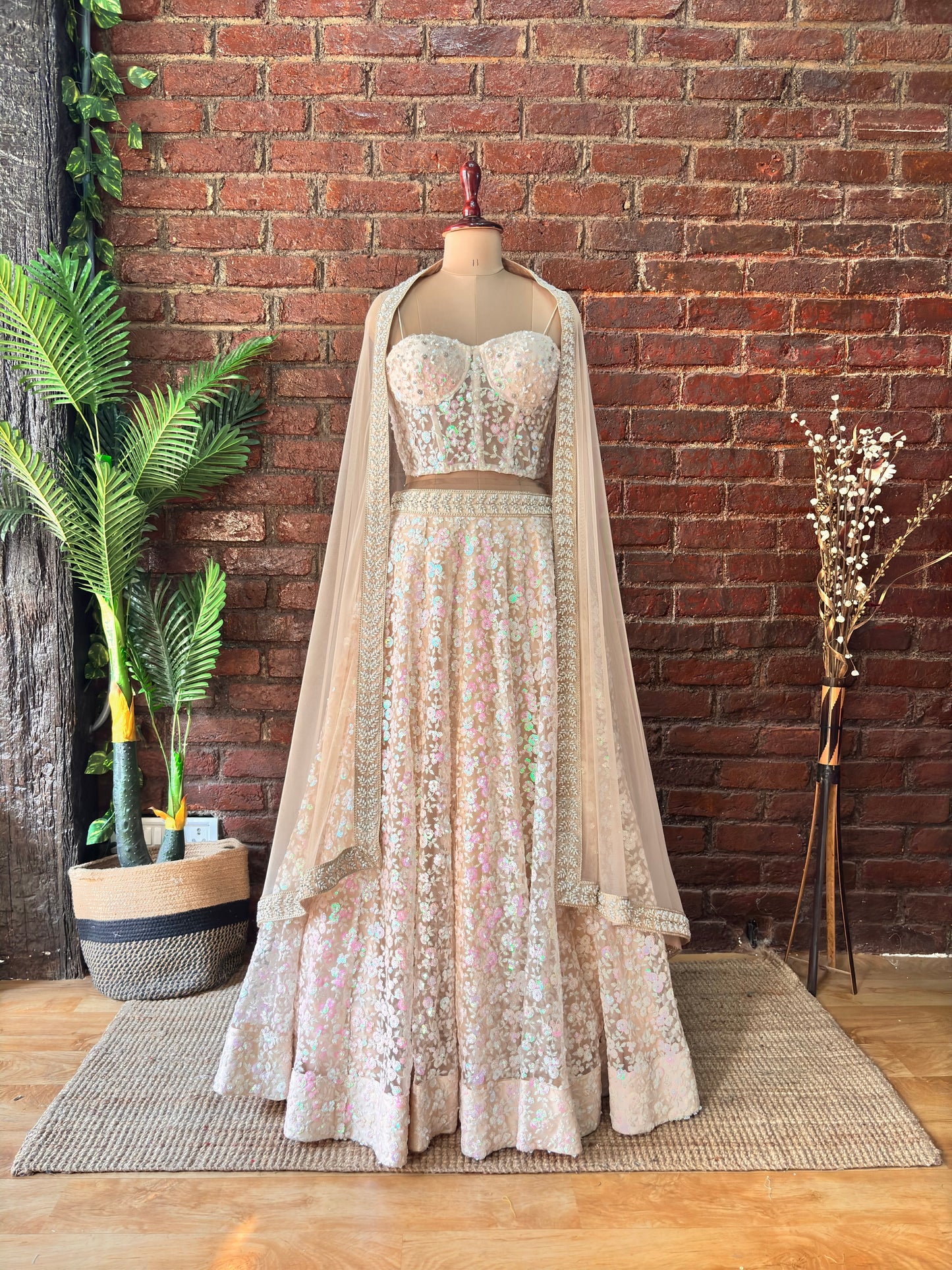 Beige Sequin work corset and lehenga set