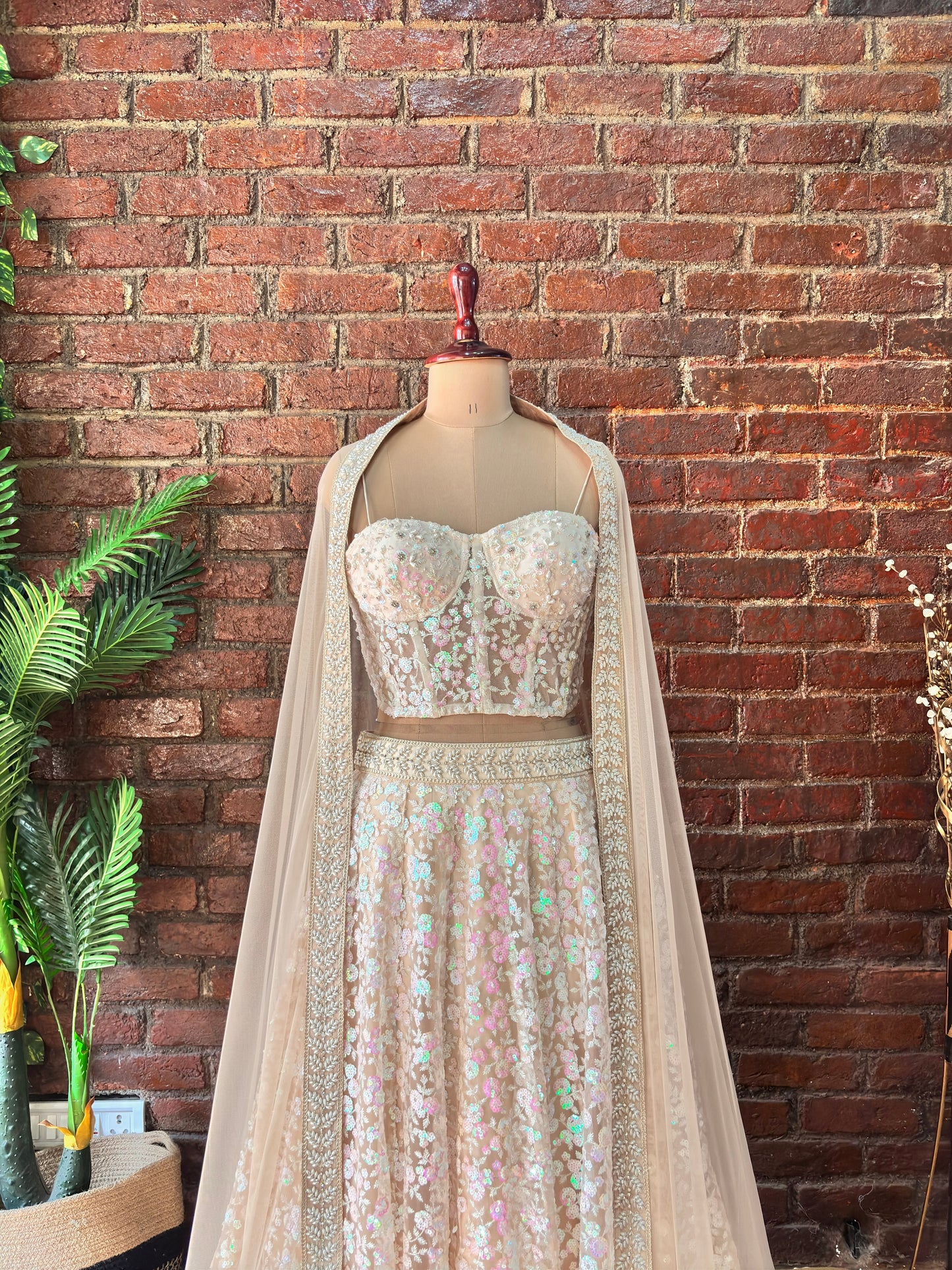 Beige Sequin work corset and lehenga set