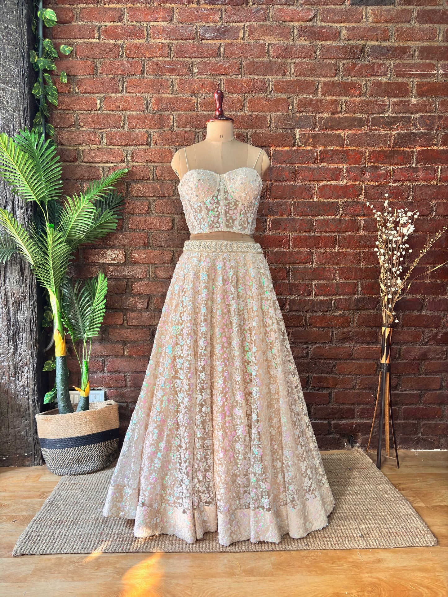 Beige Sequin work corset and lehenga set