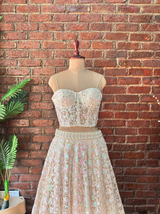 Beige Sequin work corset and   lehenga set