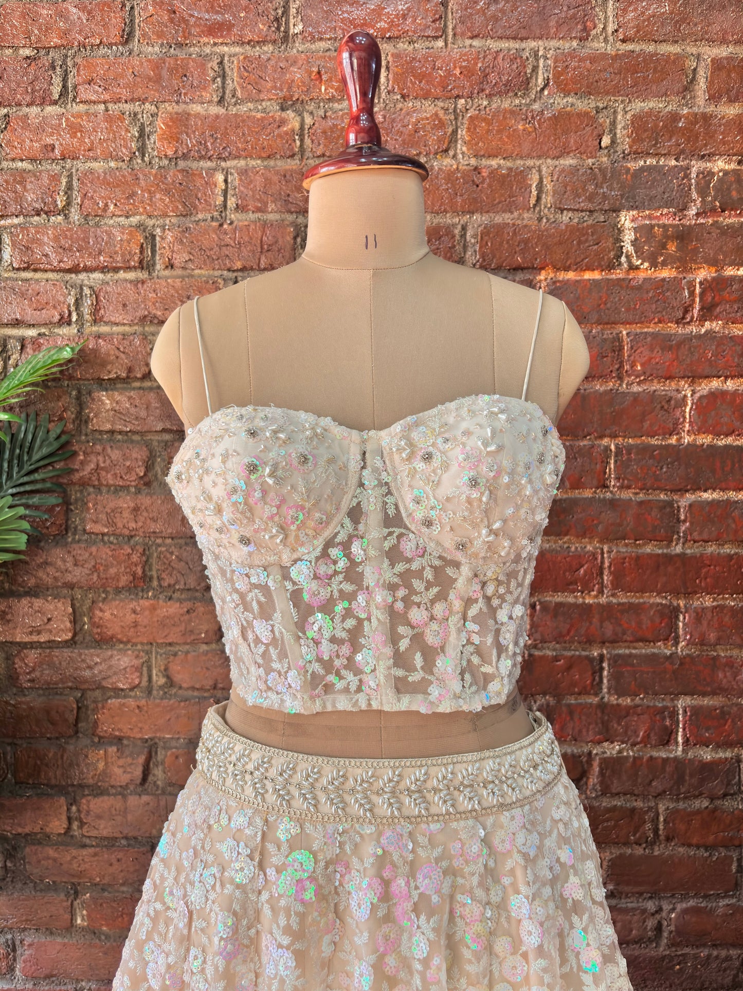 Beige Sequin work corset and lehenga set