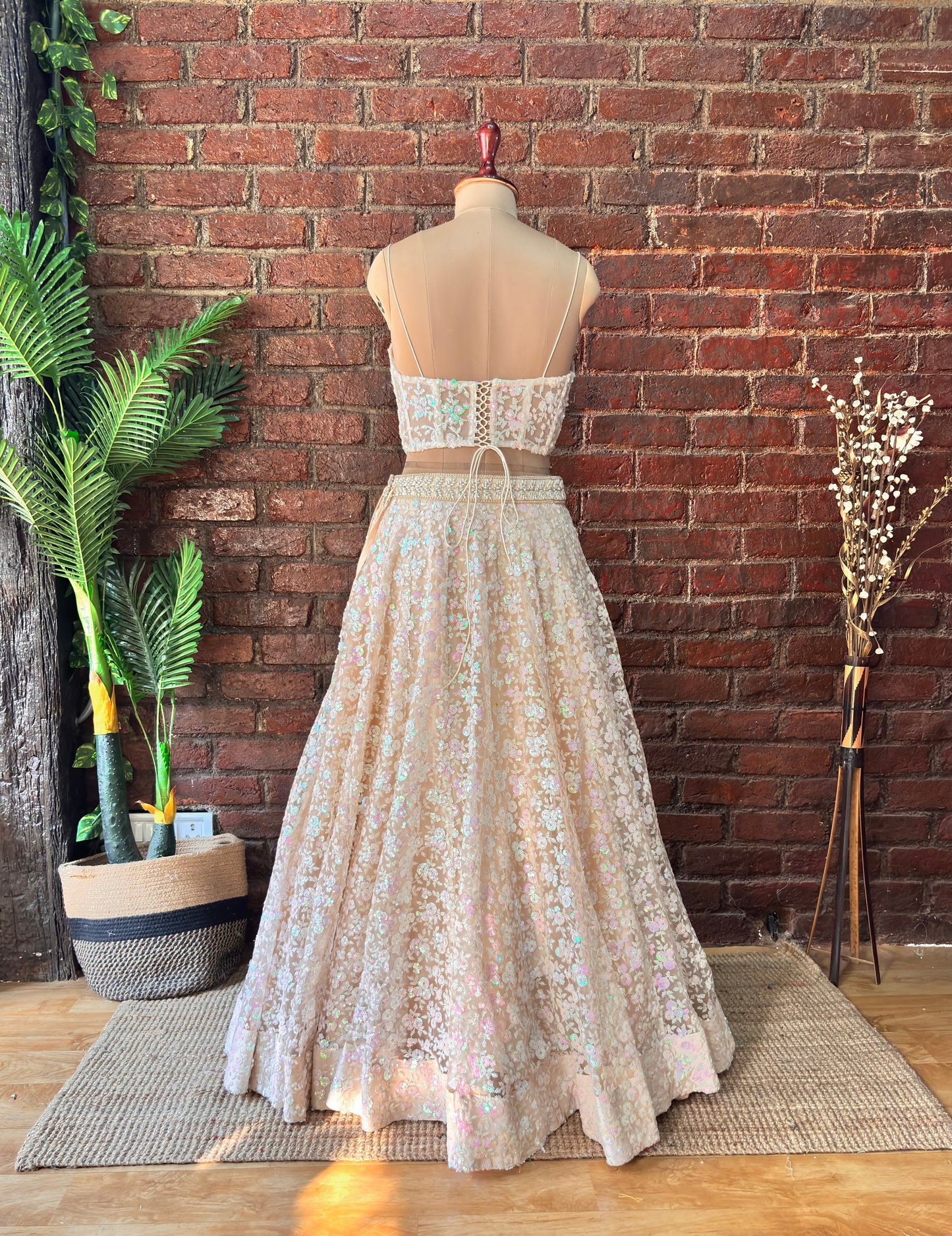 Beige Sequin work corset and lehenga set