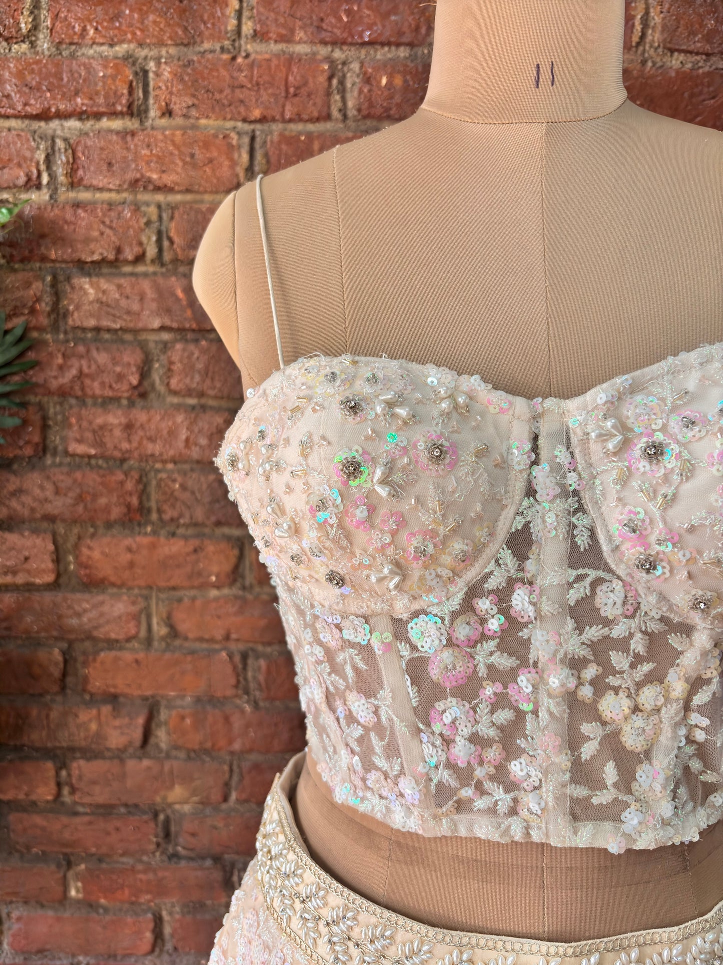 Beige Sequin work corset and lehenga set