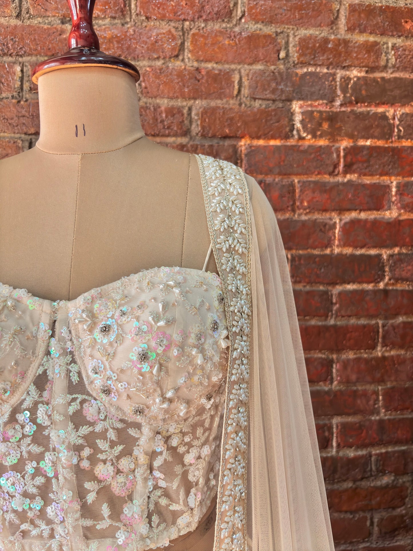 Beige Sequin work corset and lehenga set