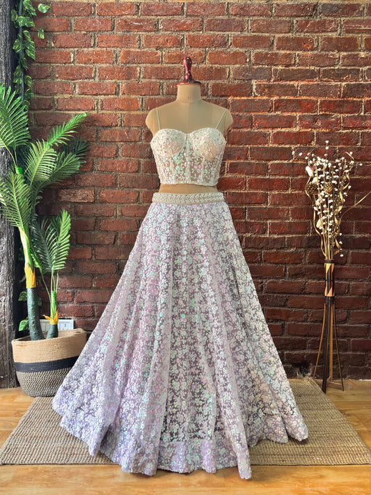 Ivory corset and Lavender Sequin work lehenga set