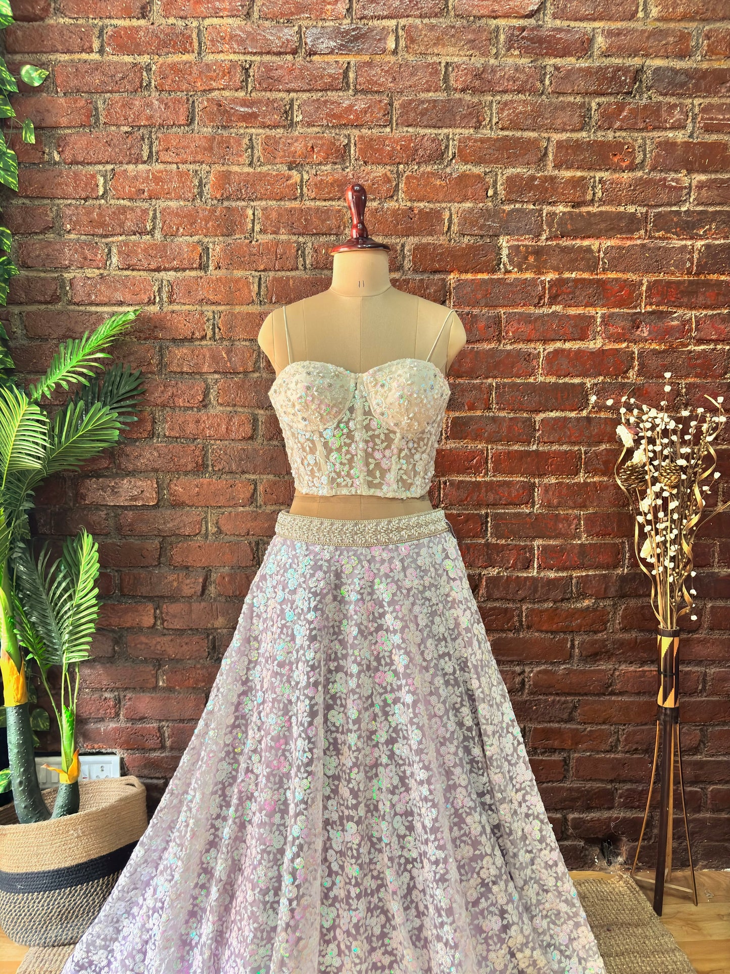 Ivory corset and Lavender Sequin work lehenga set