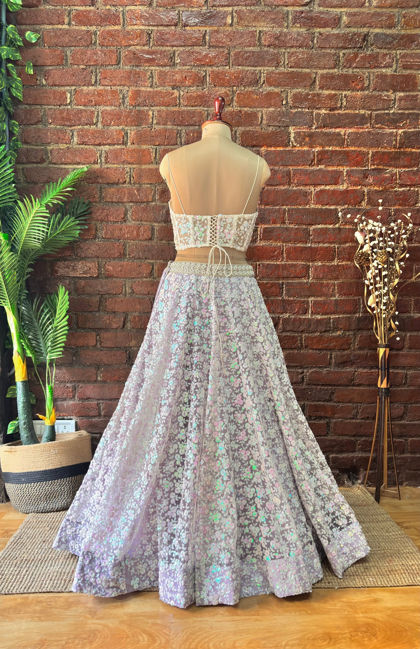 Ivory corset and Lavender Sequin work lehenga set