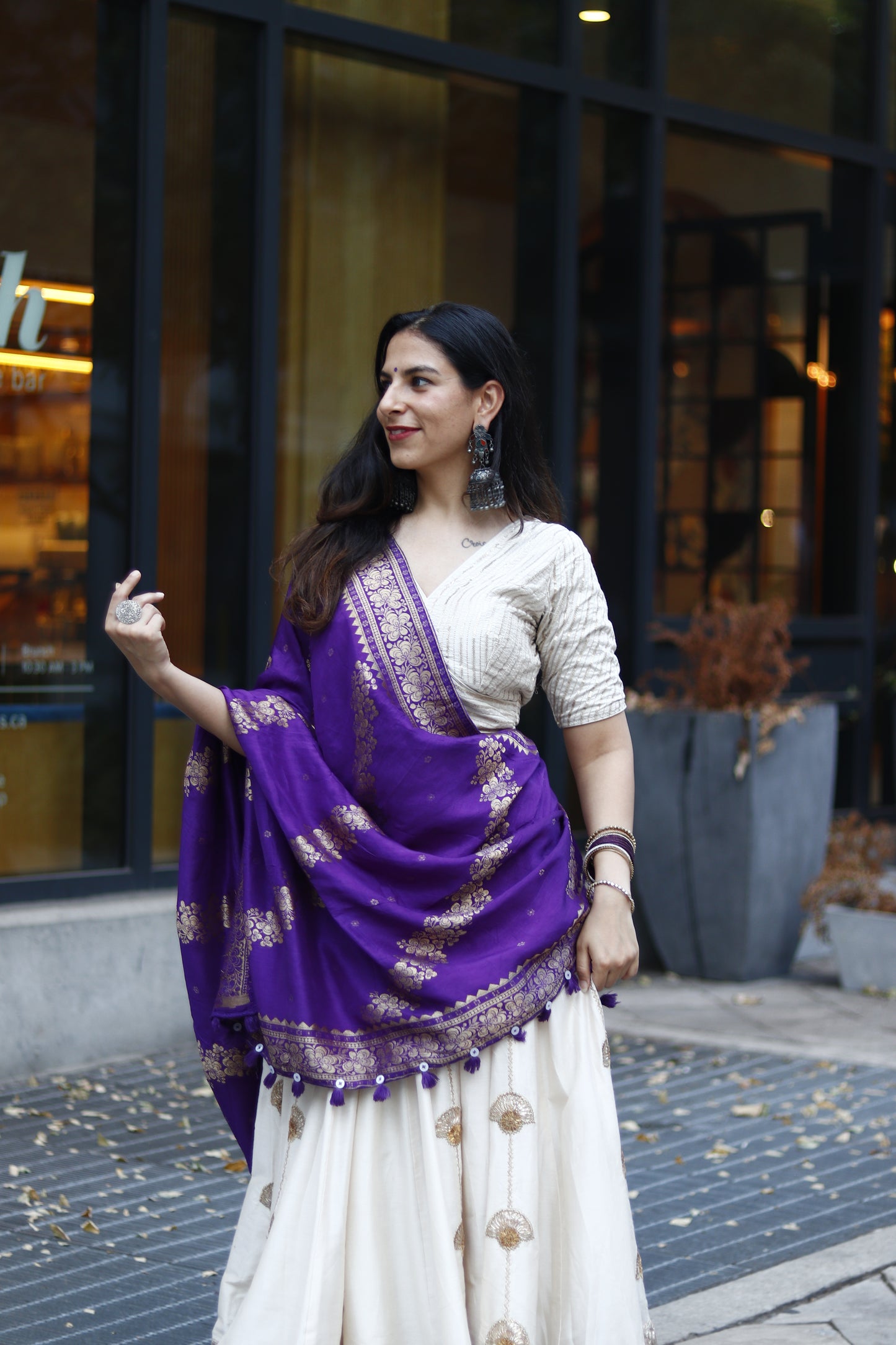Off-White Silk Lehenga with Purple Banarasi Dupatta