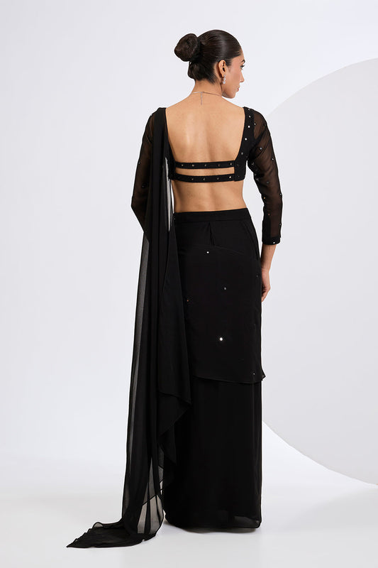 Pre Draped Mirror Embellished Saree with Embroidered Blouse