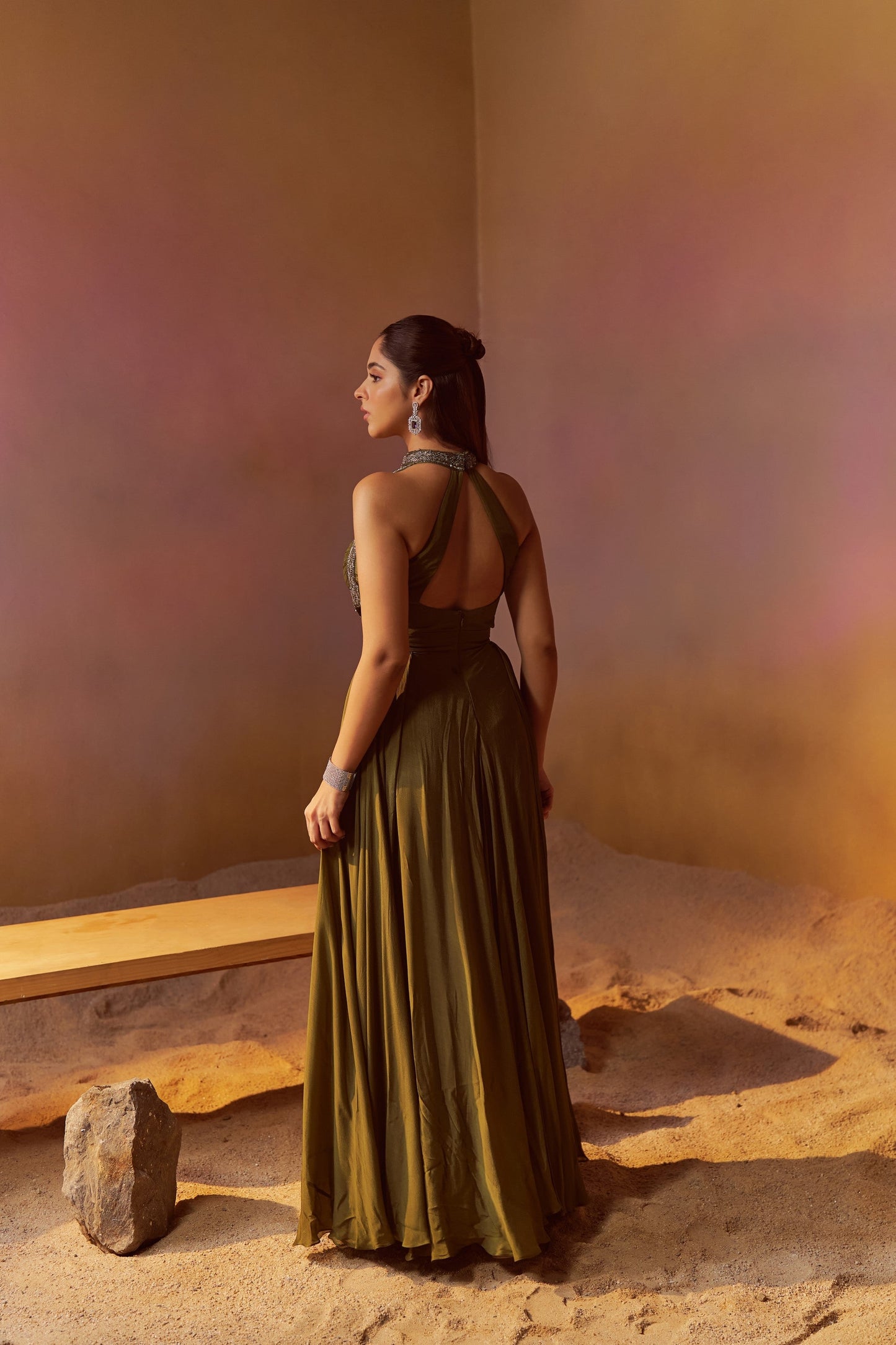 DUSTY OLIVE GREEN HALTERNECK INDOWESTERN GOWN WITH HAND EMBROIDERY