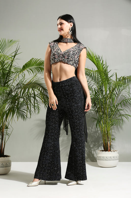 Black Thread and Mirror hand embroidered Palazzo set