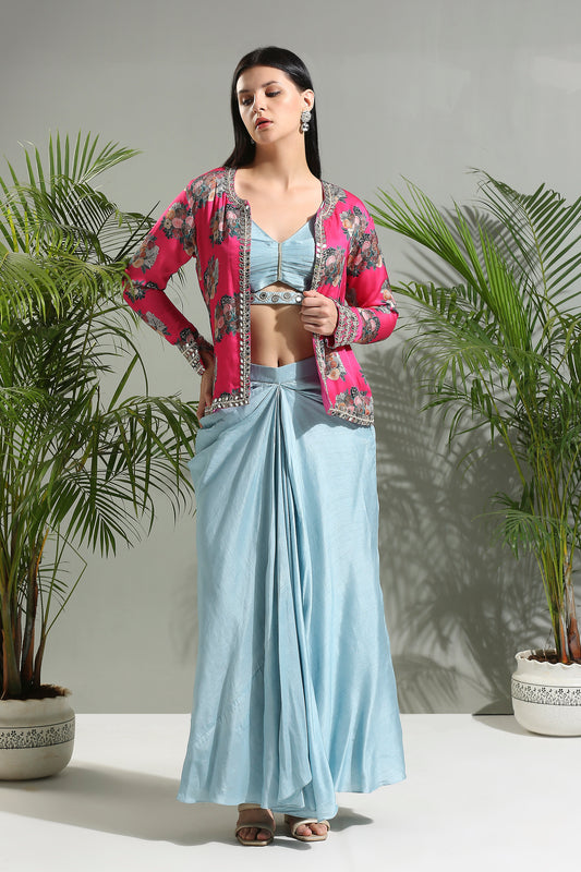 Grey top and skirt set with Fuchsia Jacket