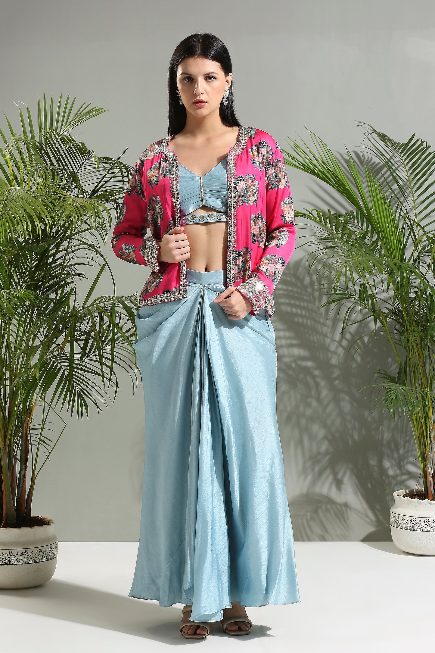 Grey top and skirt set with Fuchsia Jacket