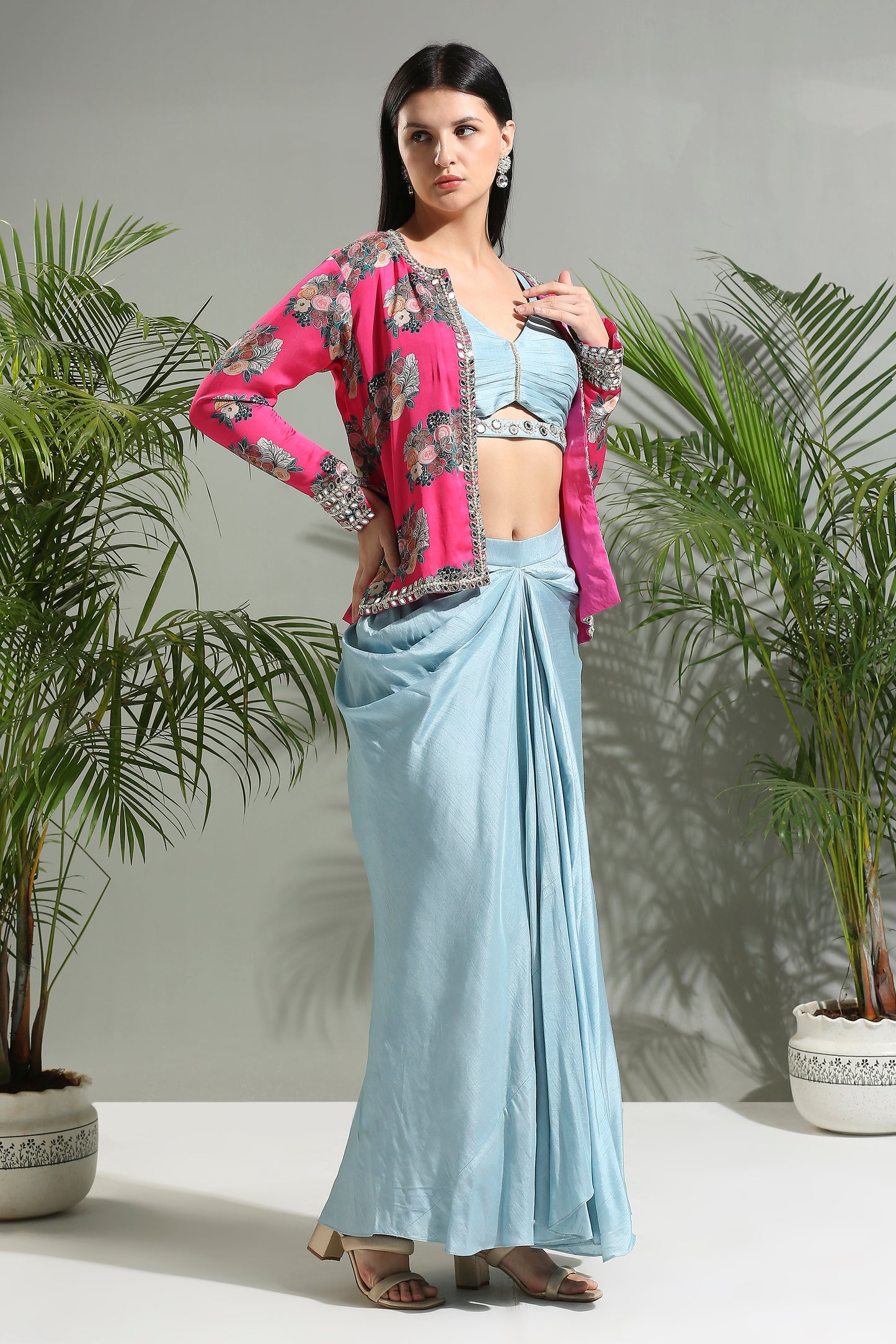 Grey top and skirt set with Fuchsia Jacket