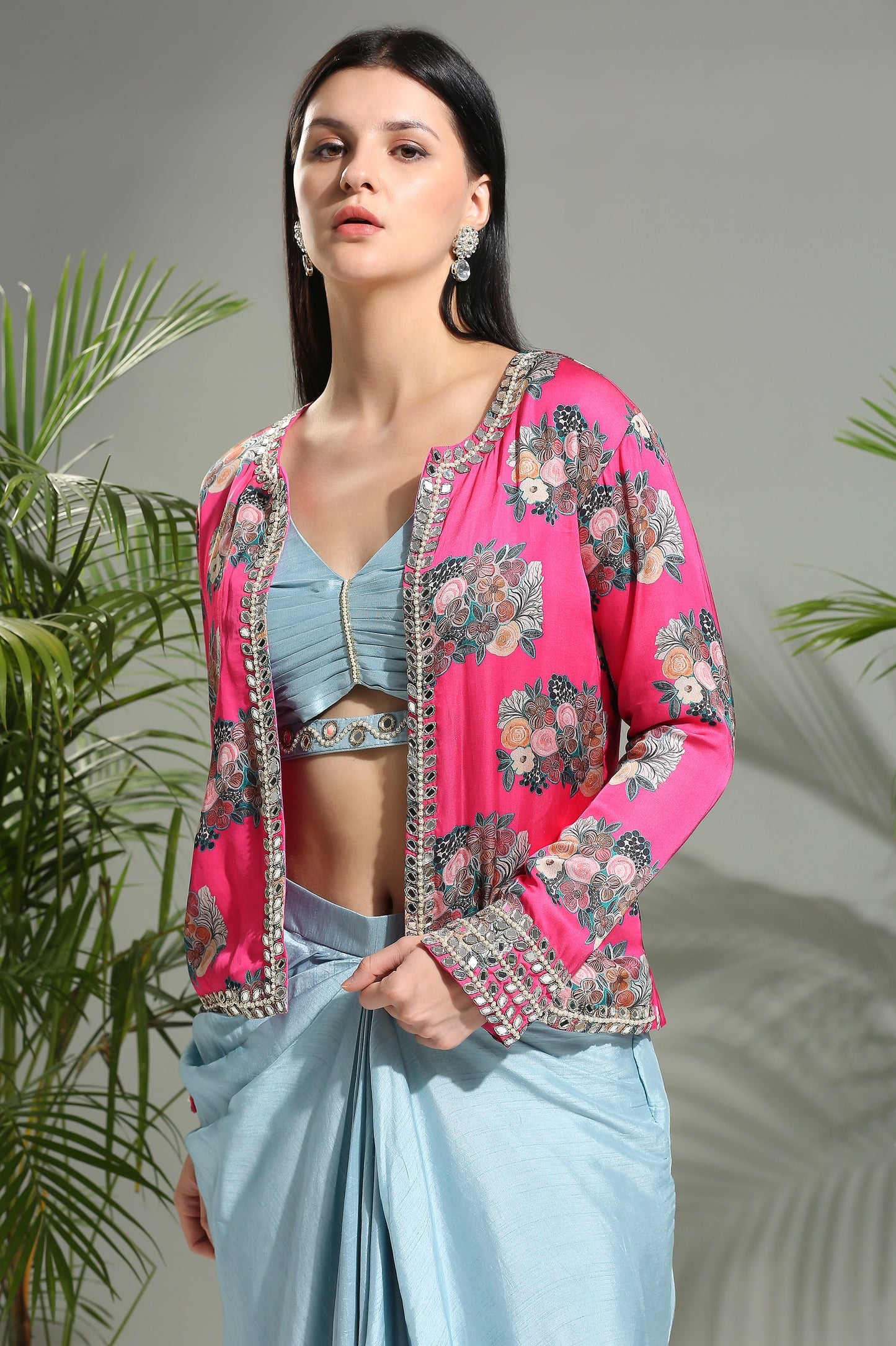 Grey top and skirt set with Fuchsia Jacket