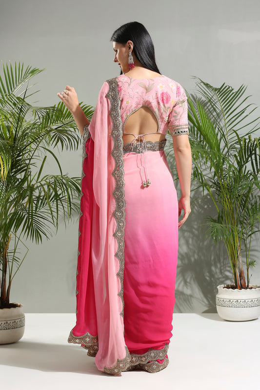 Pink shaded saree with floral blouse